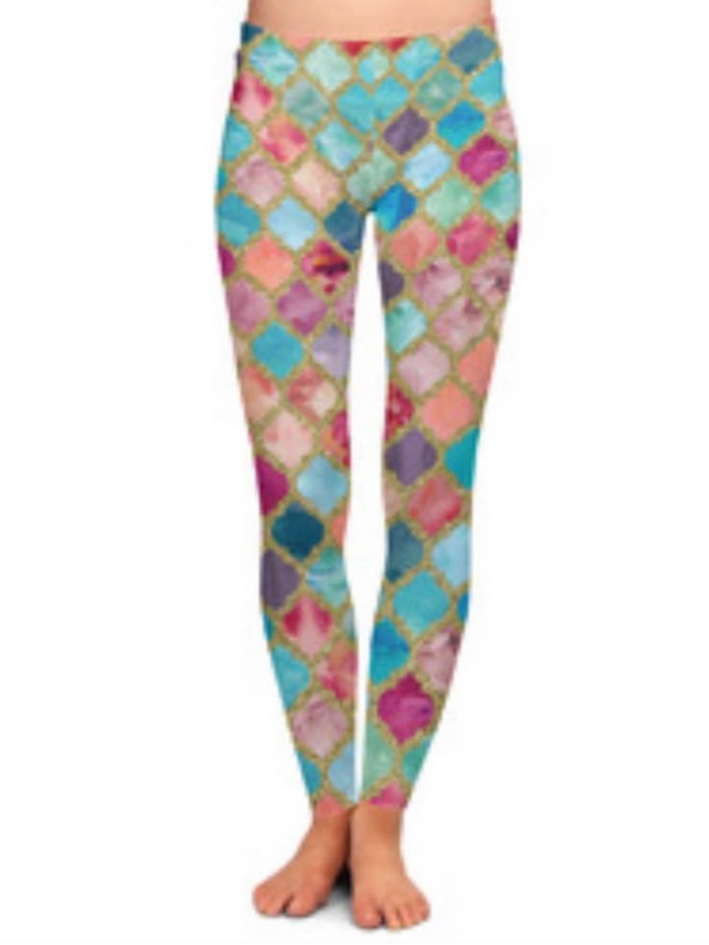 NWOT XL Leggings - Moroccan Turquoise & Pink Watercolor Mosaic (Custom Made)